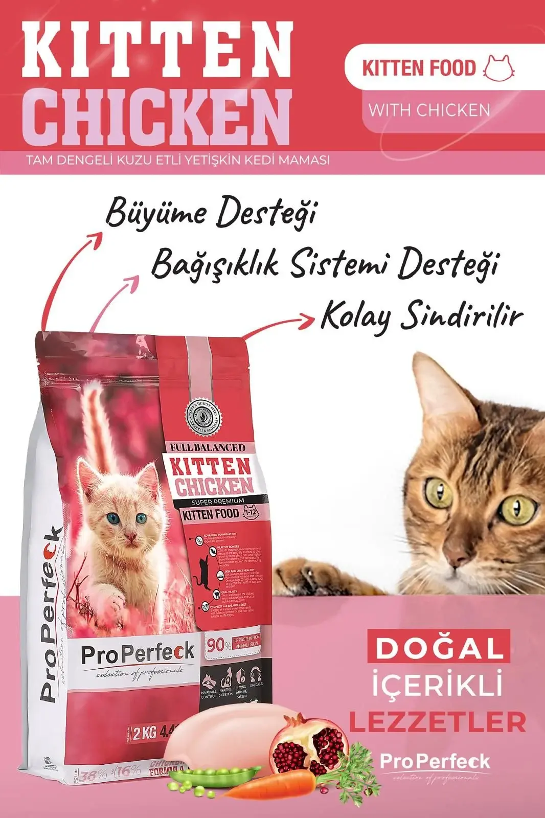 PRO PERFECK PREMİUM TAVUKLU NARLI HAVUÇLU YAVRU KEDİ MAMASI 2 KG