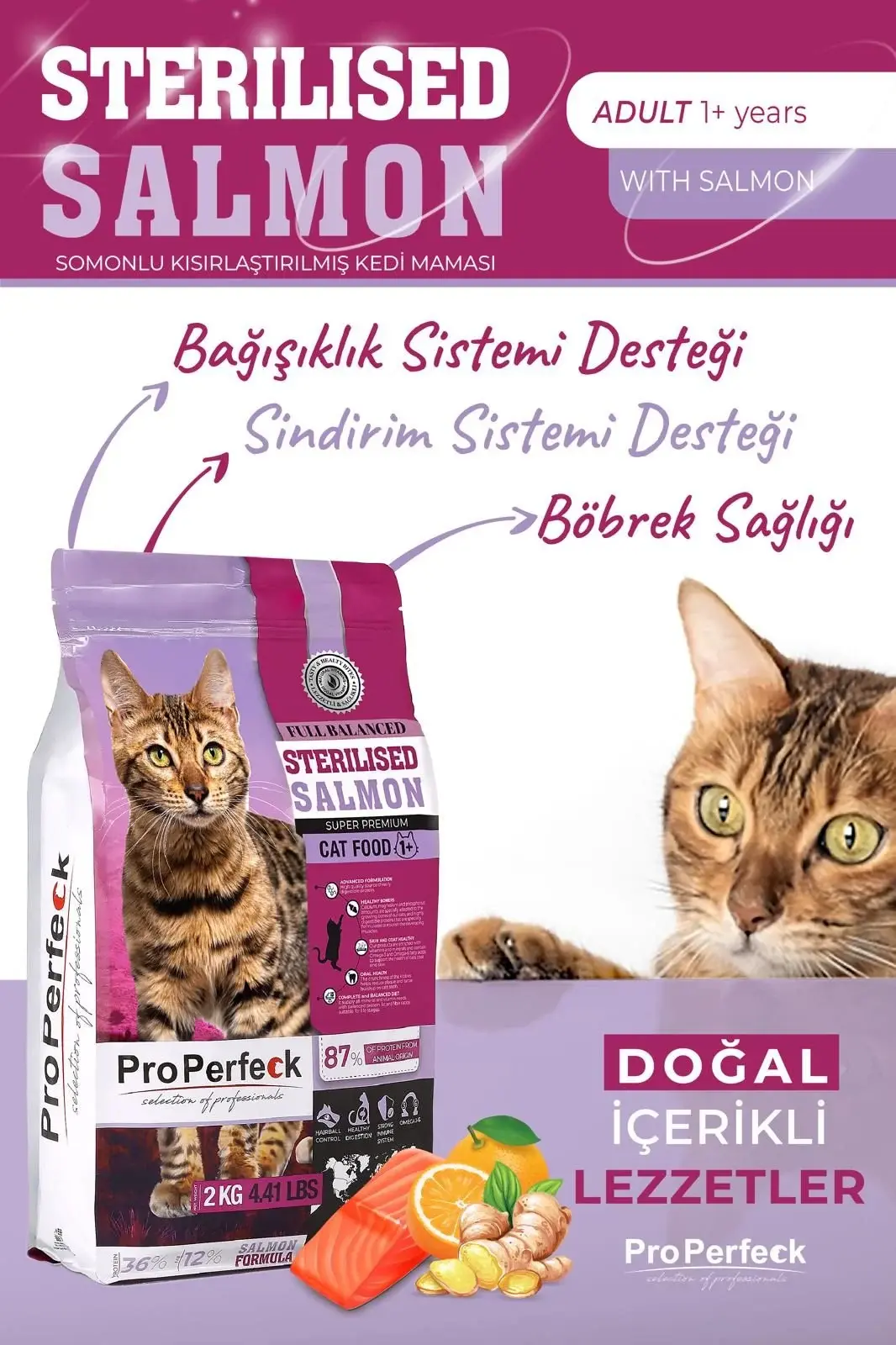 PRO PERFECK PREMİUM KISIRLAŞTIRILMIŞ SOMONLU PORTAKALLI KEDİ MAMASI 2 KG