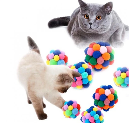SDT-003 Renkli Ponpon Ve Çıngıraklı Top Kedi Oyuncağı 7 cm 12'li