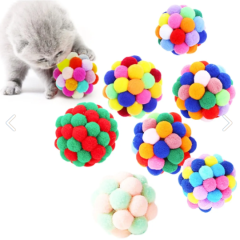 SDT-003 Renkli Ponpon Ve Çıngıraklı Top Kedi Oyuncağı 7 cm 12'li