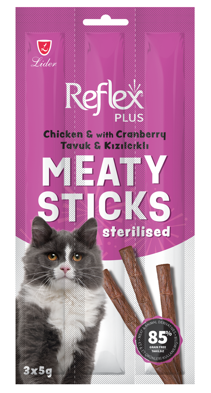 RFT-015 Reflex Cat Stick Plus Tavuklu ve Kızılcıklı Etli Kısırlaştırılmış Kedi Ödül Çubuğu 3x5G