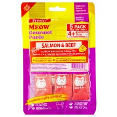 FRESHY MEOW Likit Somon Balıklı & Dana Etli Sıvı Kedi Ödülü 5'li (Tüy ve Deri Destekleyici) 10'lu Kutu