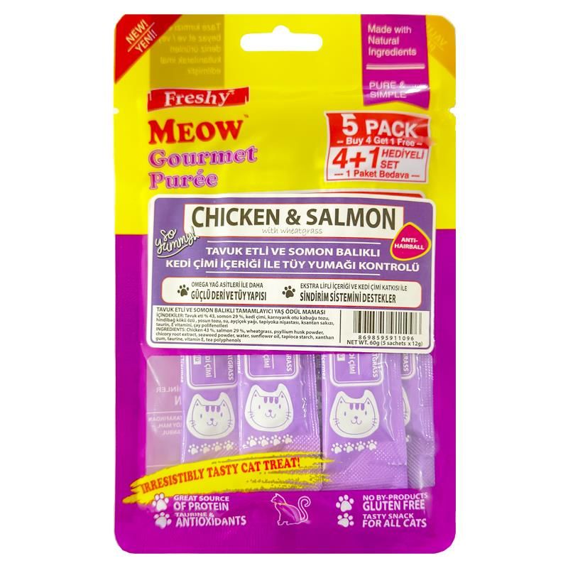 FRESHY MEOW Likit Tavuk Etli & Somon Balıklı Sıvı Kedi Ödülü 5'li (Tüy Yumağı Kontrolü)