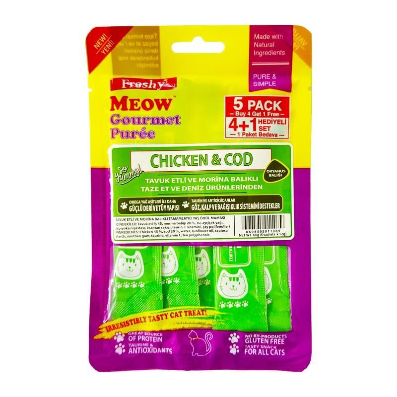 FRESHY MEOW Likit Tavuk Etli & Morina Balıklı Sıvı Kedi Ödülü 5'li 10'lu Kutu