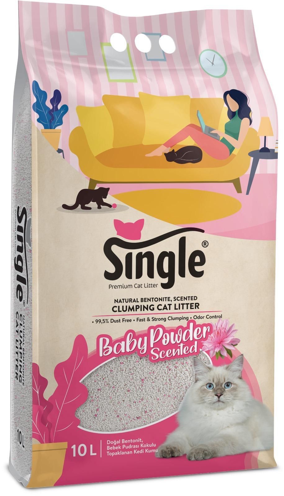 Single Bentonit Kedi Kumu İnce Bebek Pudralı 10 Lt